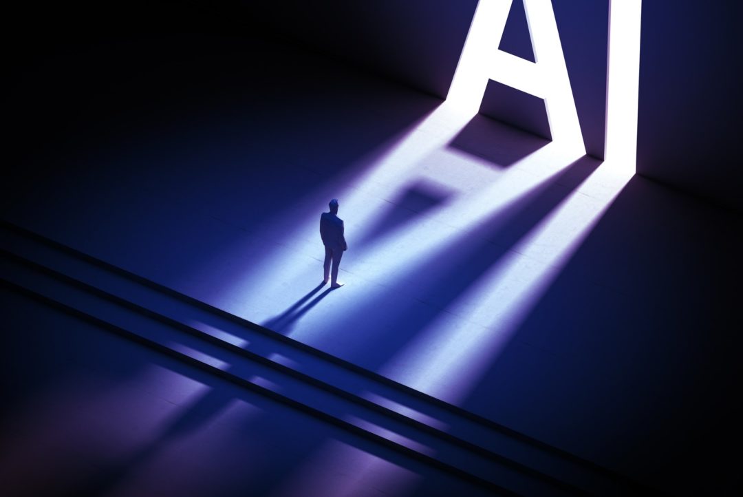 IN A GRAPHIC, A HUMAN FIGURE STANDS AT THE TOP OF A FLIGHT OF STAIRS, LIT BY GIANT BEAMS OF LIGHT COMING THROUGH GAPS SHAPED LIKE THE LETTERS A AND I