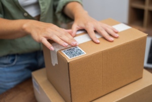 A person in a green button-down shirt with their hands on a brown cardboard box sealed with masking tape.