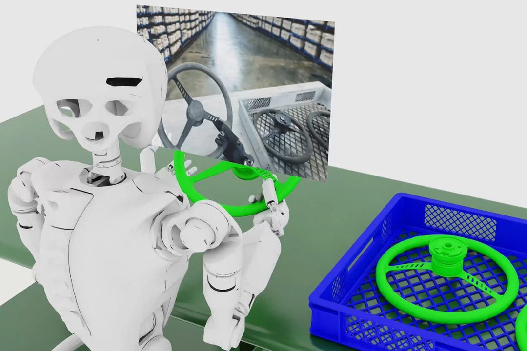 A white humanoid robot holding onto a green steering wheel, as it looks at a screen displaying a grey concrete aisle of a warehouse