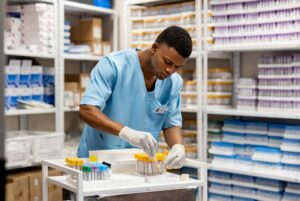 Nurse working at the laboratory organizing test tubes