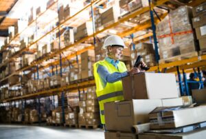 woman worker working with barcode scanner in warehouse