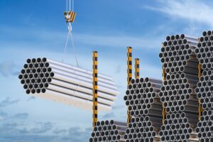 Bunches of large light-silver-colored steel tubes being lifted by a crane, while being stored in checkered yellow and black shelving