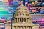 The white marble dome of the U.S. Capitol building, set against an overhead image of multi-colored shipping containers stacked in rows at a port