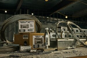 A DRAMATICALLY LIT COLLECTION OF POWER TOOLS BEARING THE LOGO DEWALT SIT ON A WORK BENCH