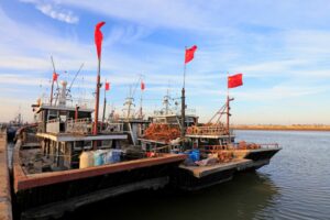 FISHING VESSELS AT A DOCK FLY FLAGS OF CHINA 