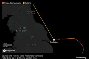 A black map of the United Kingdom, with yellow and orange lines depicting a midsea collision off the eastern coast